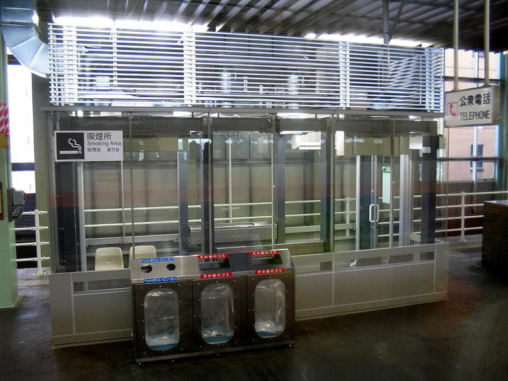 Япония. Везде, в том числе и на вокзалах, оборудованы зоны для курящих: вошел, покурил – и снова на перрон, жди электричку.